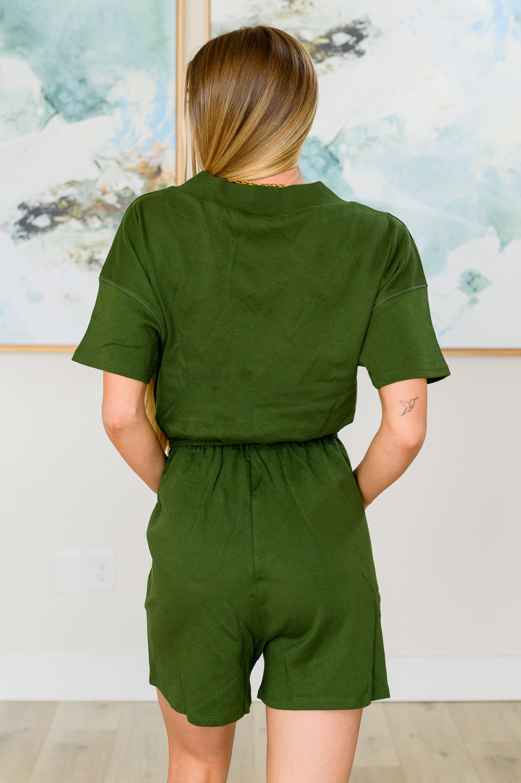 Short Sleeve V-Neck Romper in Army Green